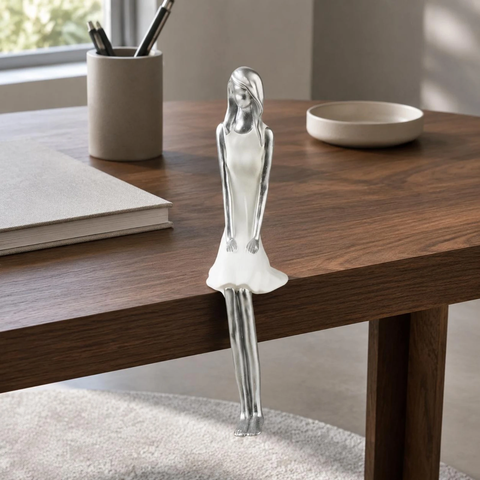 Shelf Sitter Silver-White Desktop Figurine Sitting Figure Polished House Decoration Decorative for Home Display