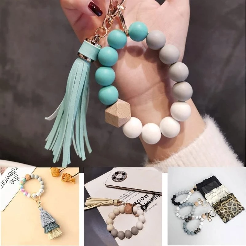 DIY 실리콘 비즈 팔찌 만들기 자동차 키 체인 탄성 열쇠 고리 술 페르시 열쇠 고리 액세서리 라운드 비즈 키트 15UB