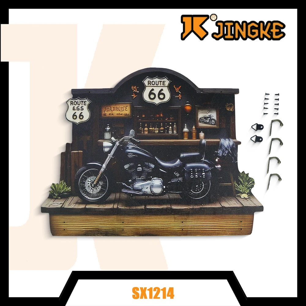 

2D Vintage Motorcycle Garage Wooden Key Holder 4 Metal Hooks Multifunctional Wall Decor For Porch Room All Seasons