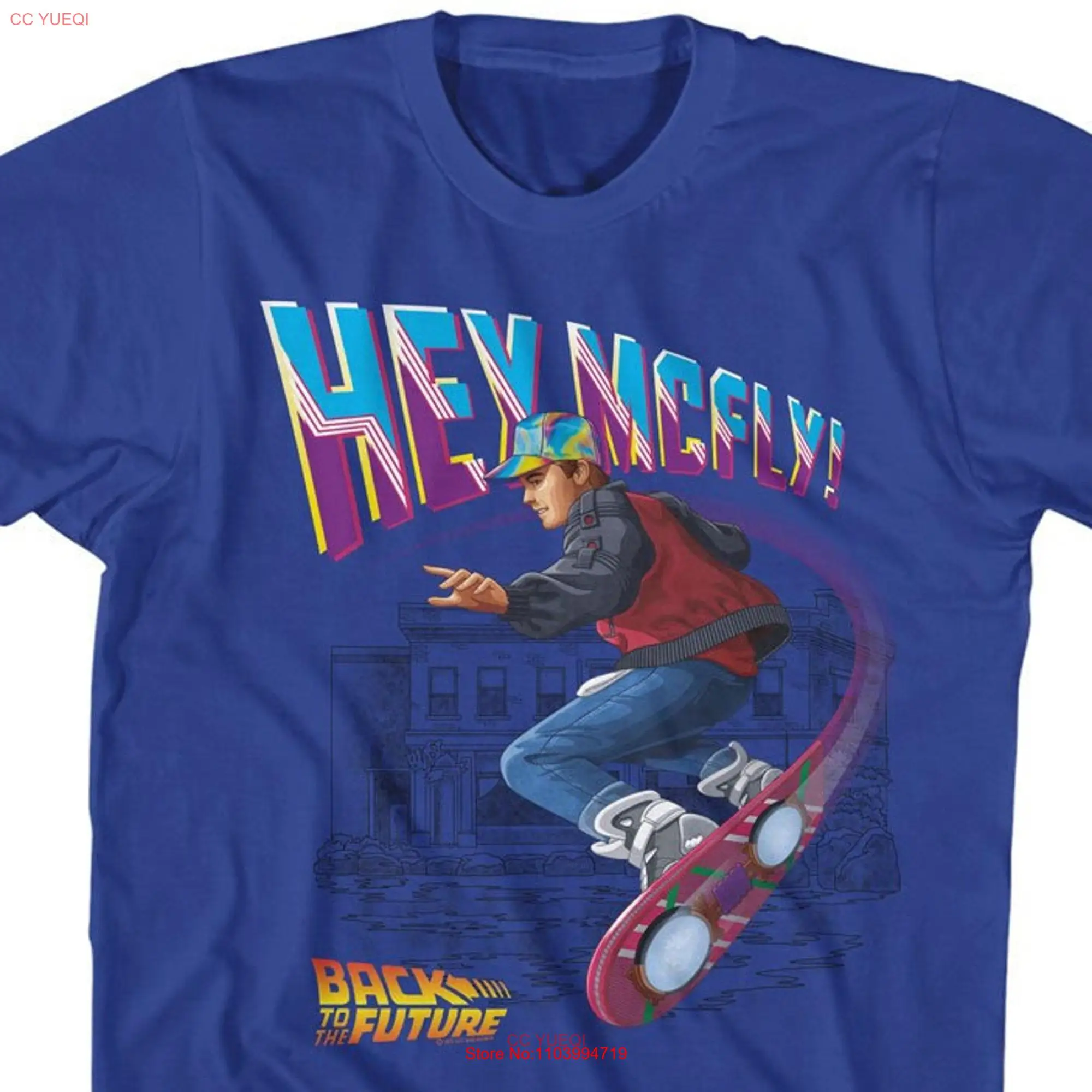 Back To The Future Hey Mcfly Flying Hoverboard Royal Blue T Shirt long or short sleeves