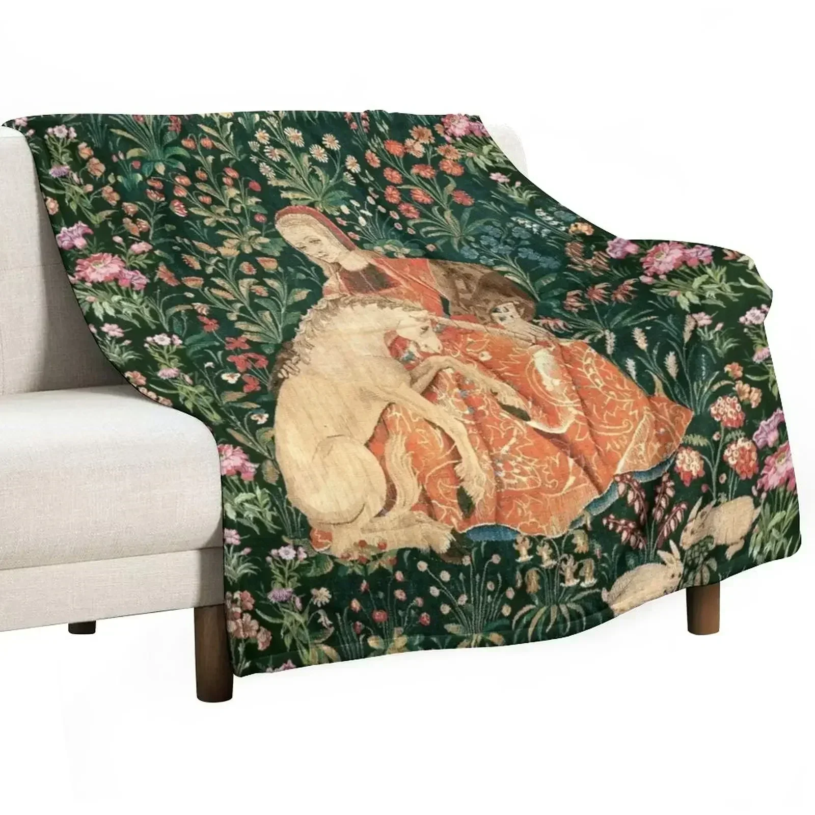 LADY AND UNICORN AMONG FLOWERS ,HARES,Red Green Floral Throw Blanket Flannel Bed linens Beautifuls Blankets