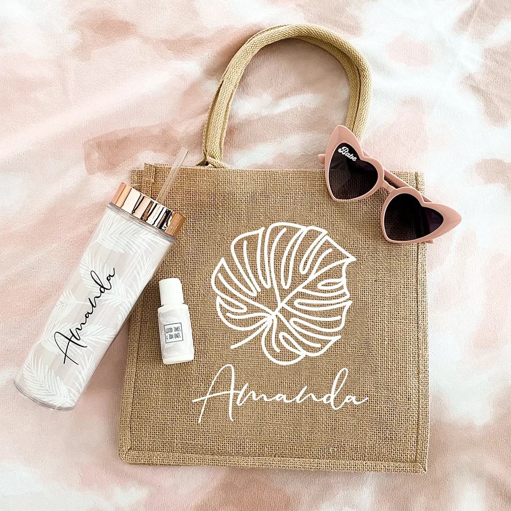 Bolso de mano de arpillera con hoja de palma con nombre personalizado, recuerdo de despedida de soltera de verano, bonito bolso de playa, Idea de viaje para niñas, bolso Tropical