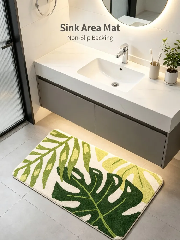 Tropical Green Monstera Leaf Bath Mat Flannel Absorbent Bathroom Rug Non‑Slip Shower Doormat Home Bedroom Kitchen Floor Decor Ca view 6
