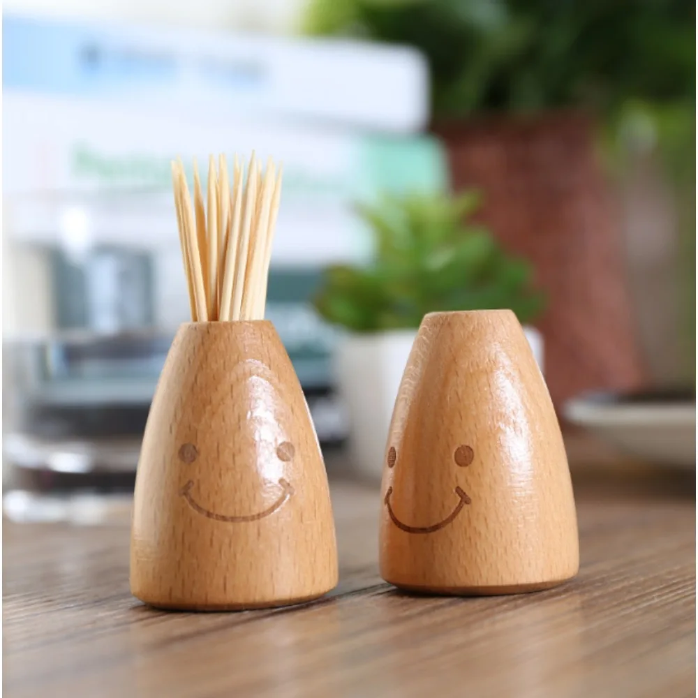 1PC Mini Smiley Face Wooden Toothpick Holder, Portable Household Toothpick Dispenser for Home Kitchen