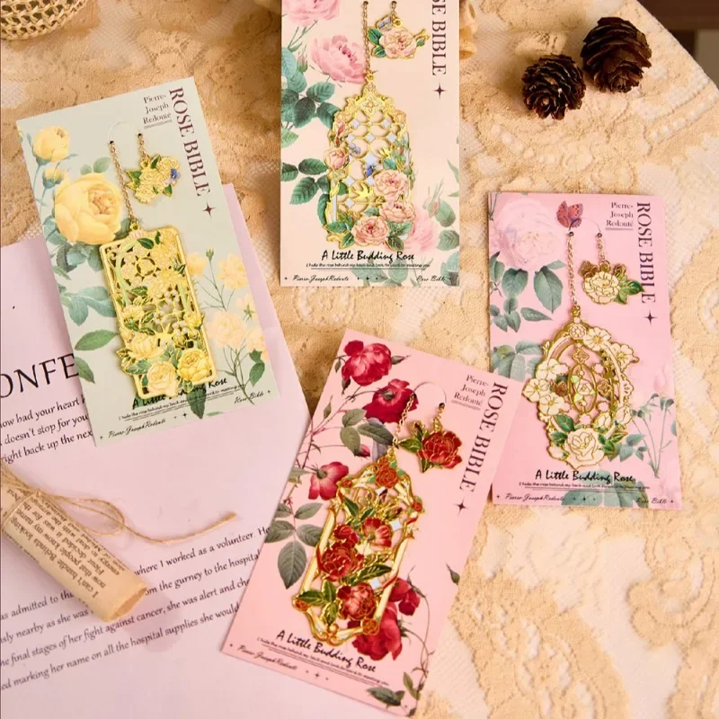 

Retro Metal Aesthetic Rose Bookmark Pendant Chinese Style Floral Painting Bookmark Student Reading Mark Book Accessories Gift