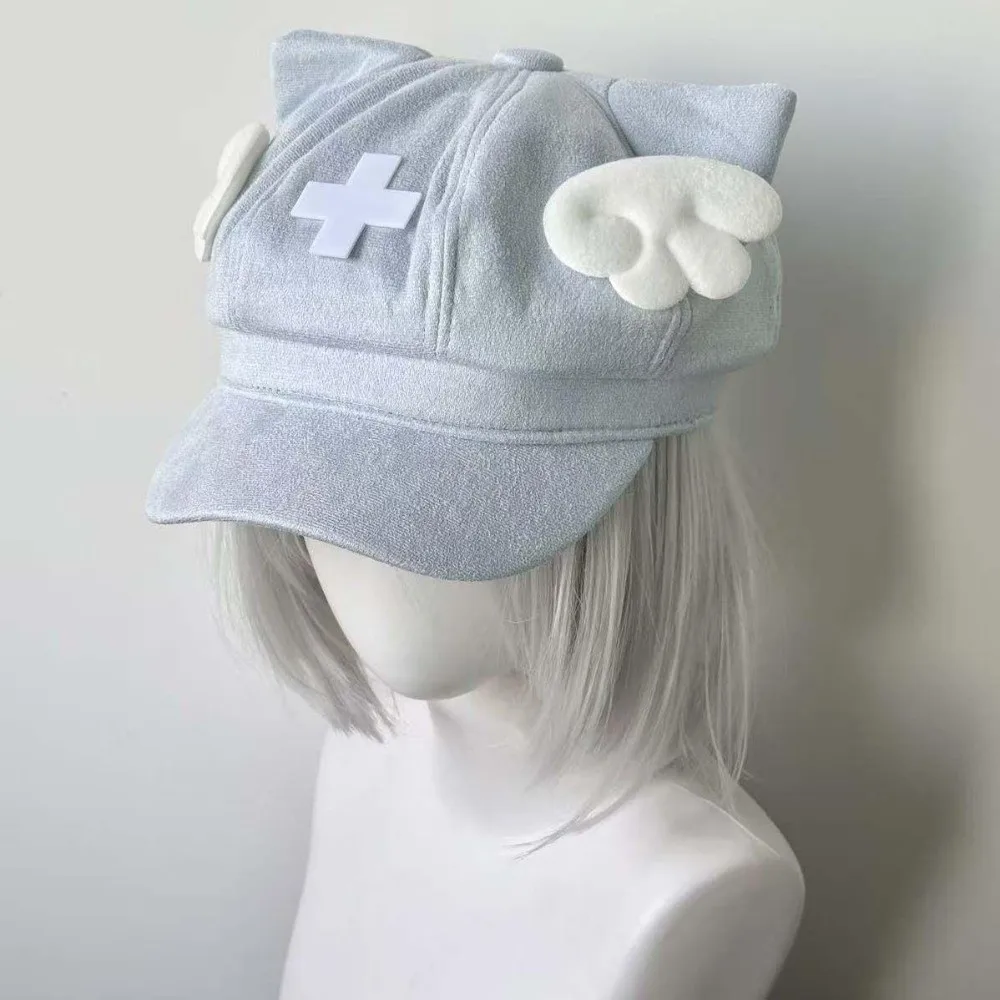 Gothic Solid Color Angel Wings Hat Cross Decoration Subculture Beret Hat Cat Ears Octagonal Cap for Girls
