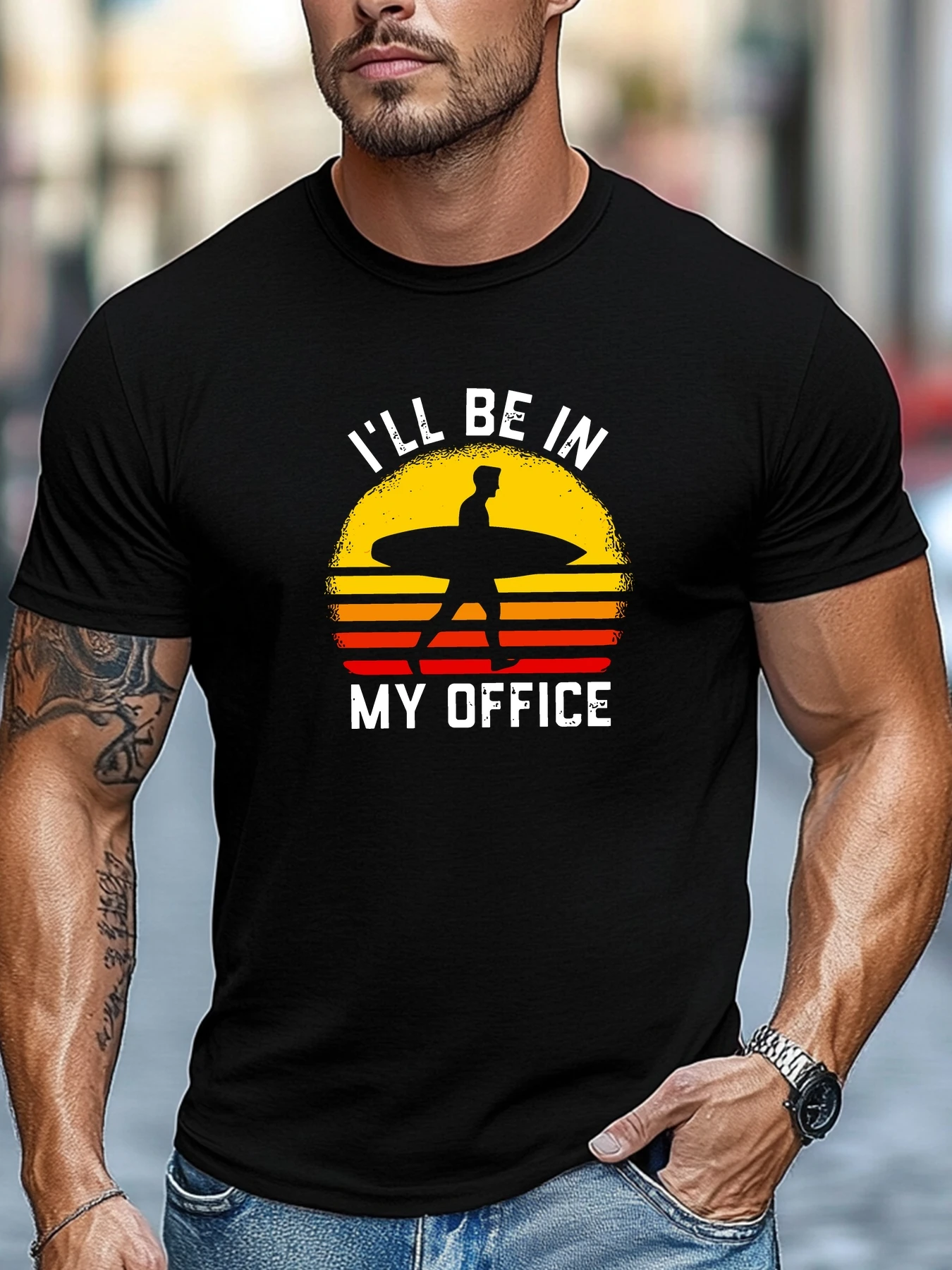 Men Navy Crew Neck Tee Retro Sunset Surfer Silhouette I Will Be In My Office Funny Surf Beach Hobby Soft Cotton Male Casual Tops