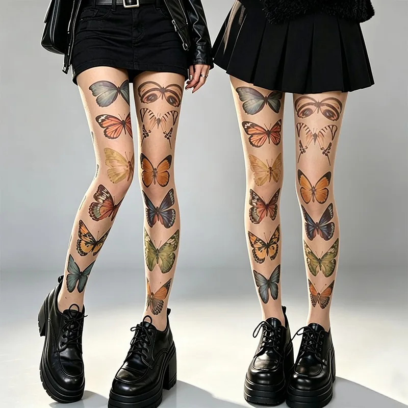 Retro Double Sided Butterfly Print Tights for Women Y2K Sexy Pantyhose Sheer Tattoo Effect Stockings High Stretch Skinny Legging