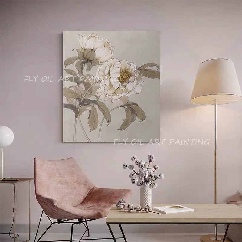 Blooming White Flowers Retro National Style Oil Painting Modern Floral Canvas Artwork Hand Painted Peony Plants Wall Art Decor