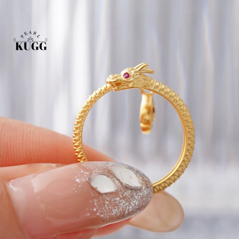 

KUGG 18K кольца из желтого золота, модные кольца в Форме Дракона, стиль INS, реальный натуральный рубин или бриллиант, женские кольца, ювелирные изделия