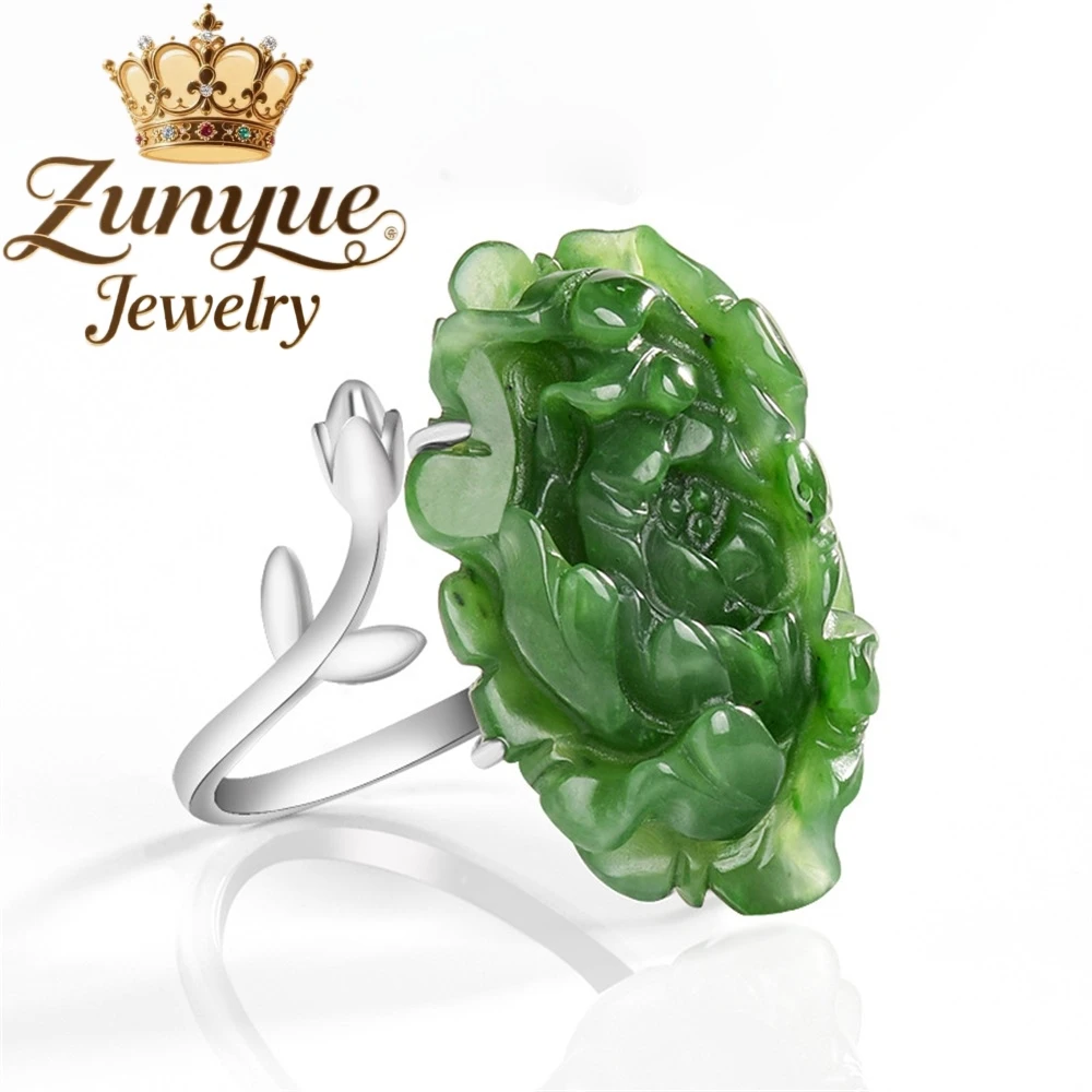 Natural Hetian Jade Jasper Spinach Green Lotus Open Ring S925 Silver Set Women's Ring Fashionable Band Adjustable Fine Jewelry view 2