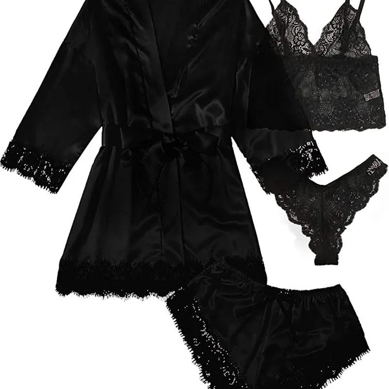 European American Pajama Sets sexy women\'s sleepwear 4-piece set lace satin seduction suspender sleepwear nightgown nightdress