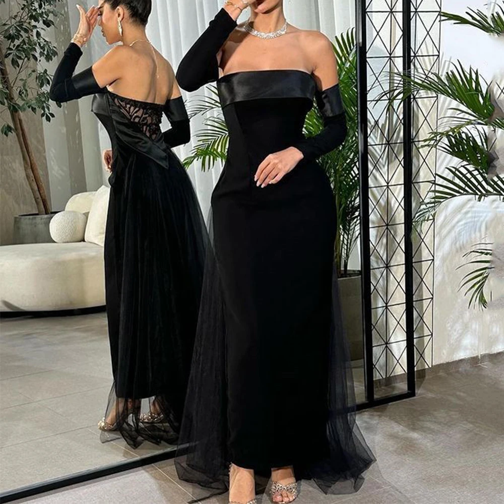 

Flechazo Classic Black Strapless Evening Dress Ankle Length Jersey and Tulle Party Women with Lace Straight Open Back Gowns