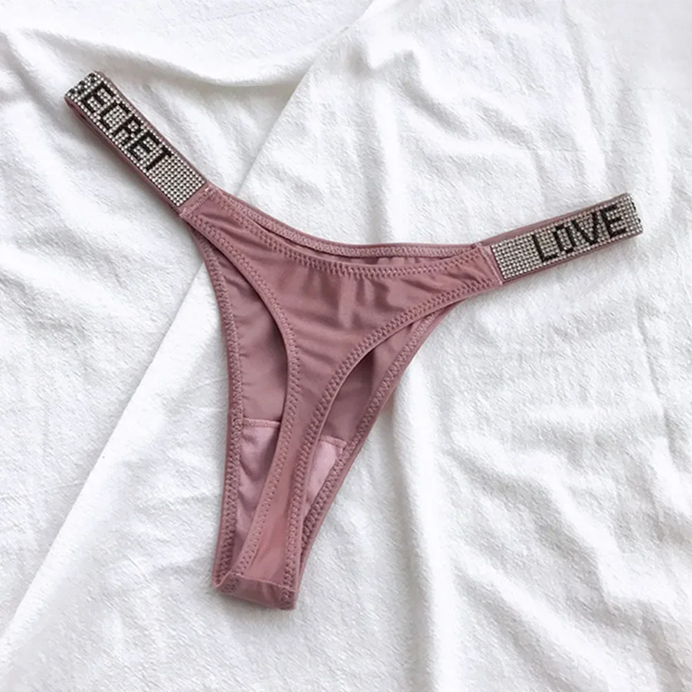 Letter Rhinestone Panties Underwear Hip Lifting Satin Thong Sexy Low Waist Seamless Briefs Lingerie Swimwear Bottom 2022 NEW image 3