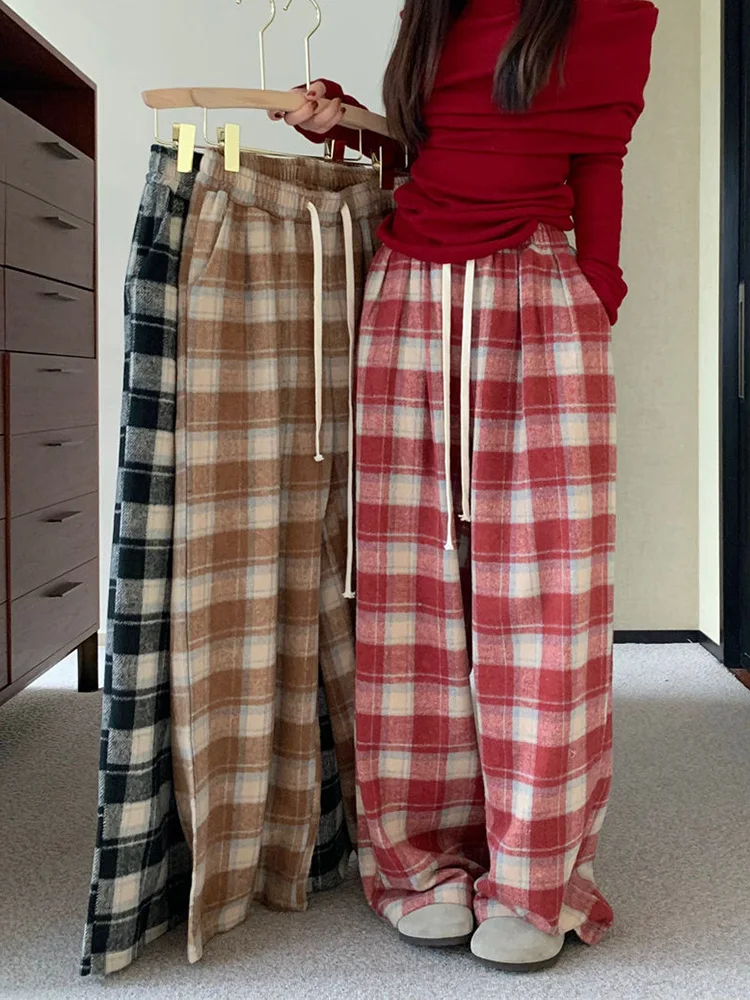 

Vintage Faux Woolen Plaid Pant Women High Waist Soft Loose Wide Leg Trousers Casual Female Fall Winter Pockets Retro Y2K Pants