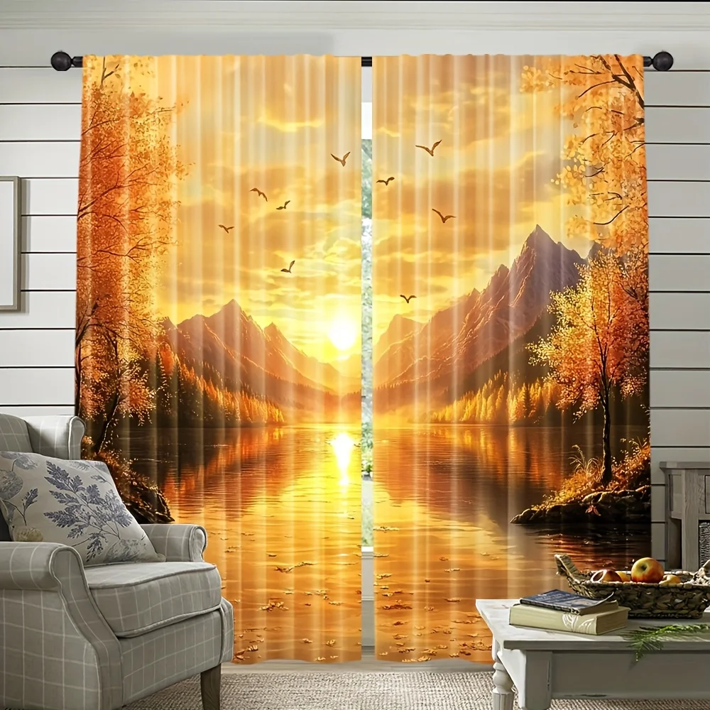 Fall Maple Mountain Lake Sunset Curtain Panels, Natural Scenery Bird Water Glow Full Print Drapes For Living Room Cabin Balcony