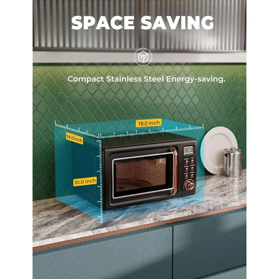 فرن ميكروويف ريترو مدمج للاستخدام على سطح المطبخ: 0.7 قدم مكعب صغير الحجم مع وظيفة تذويب 5 مستويات طاقة الميكروويف 8