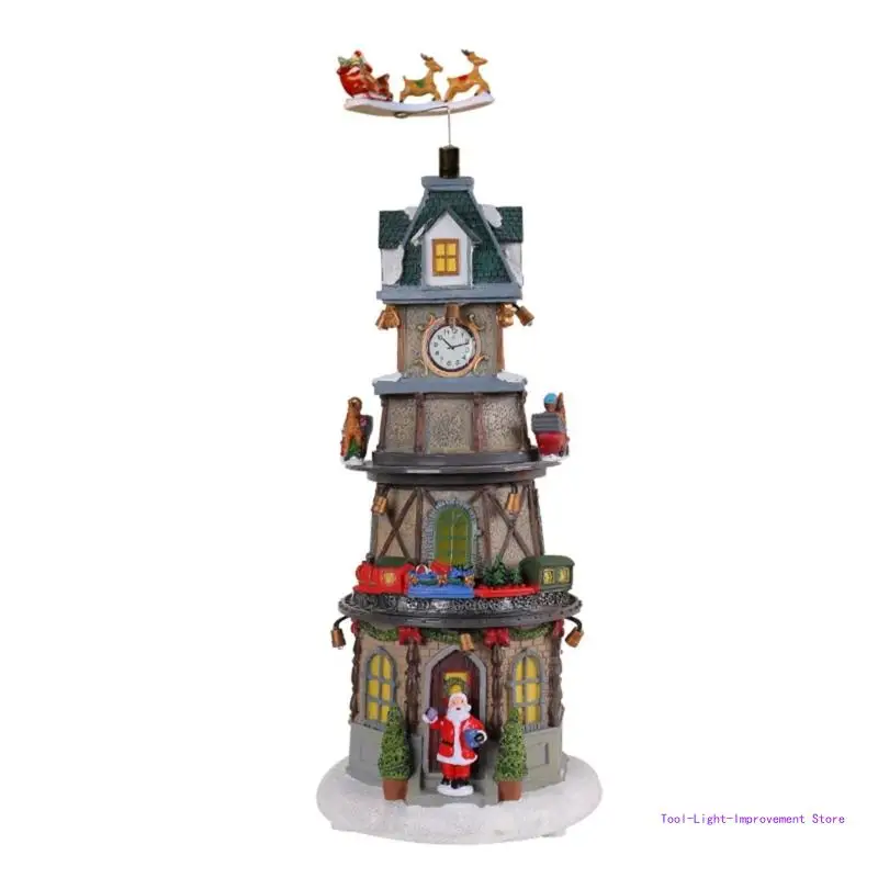 

C63E Unique Rotatable Music Box Village House Figurine with Led Light Music Decor