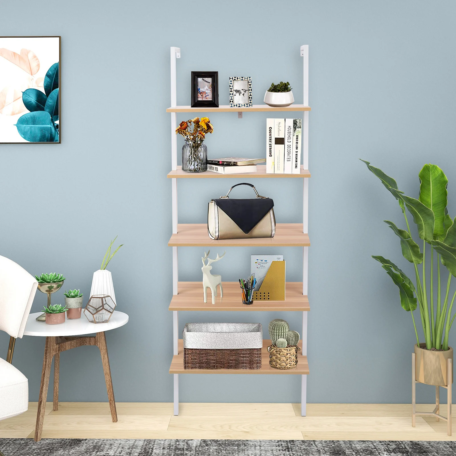 

5-Shelf Wood Ladder Bookcase with Metal Frame, Industrial 5-Tier Modern Ladder Shelf Wood Shelves,Walnut