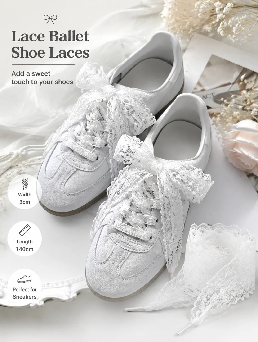 White 2.8cm Wide Cute Ballet Shoelace for Sneakers Sports Shoes DIY 140cm Long Decorative Laces