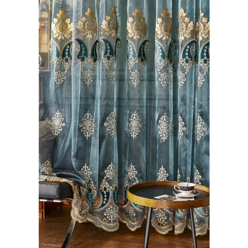 European High-end Embroidery Semi-blackout Blue Gauze Curtains Living Room Bedroom Balcony Curtains