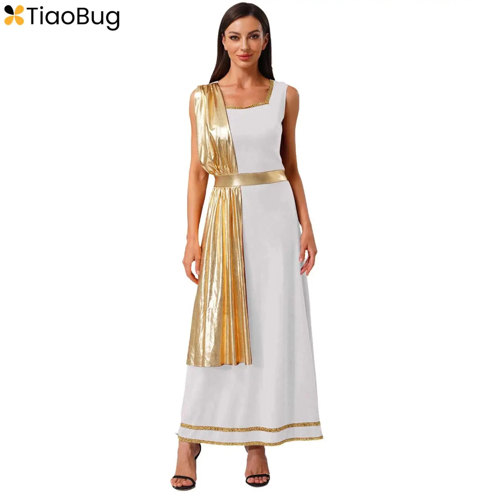 

Women Ancient Greek Roman Tunic Dress Metallic Shiny Squared Neck Sleeveless Robe Dress Halloween Princess Cosplay Toga Outfit