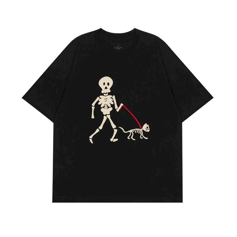 

Cotton T-shirts for Women and Men Summer Trend Short Sleeve Loose Top Fashion Niche Design Skull Print American Retro T Shirts