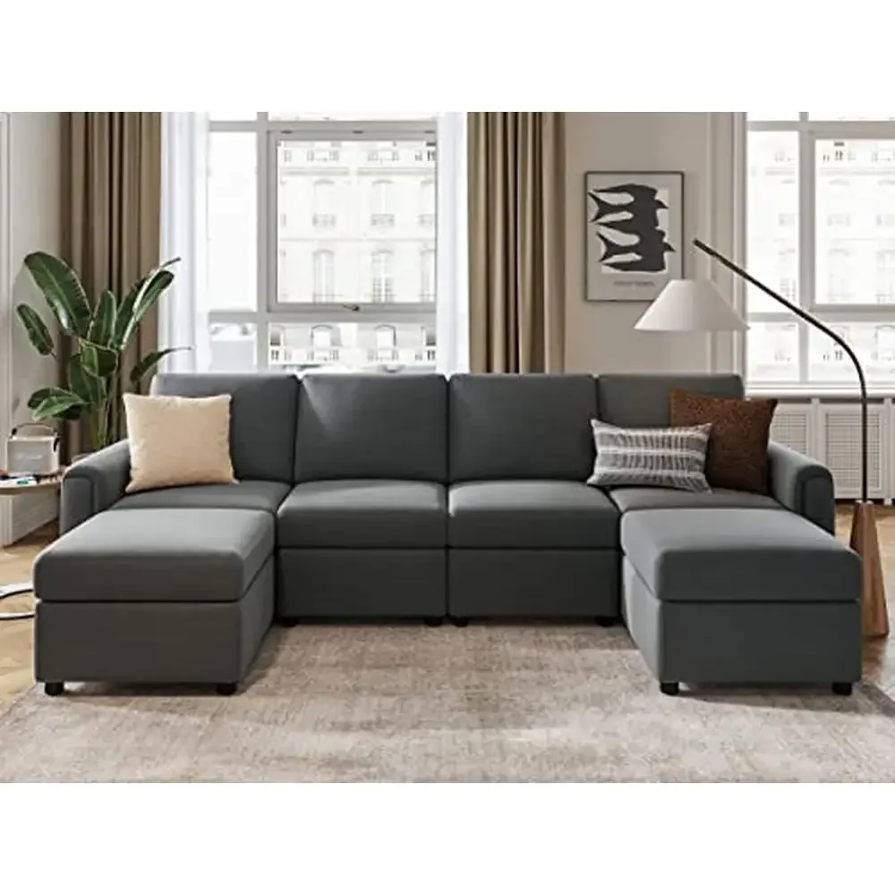 Memory Foam Modular U Shaped Sofa Couch with Storage Ottomans 6 Seat Sectional Sofas Hidden Storage Space Explosion-Proof Steel