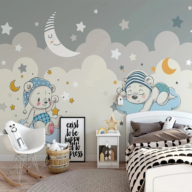 Custom 3D Photo Cartoon Little Bear Moon Stars Children Room Boys Room Bedroom Art Mural Wallpaper Living room sofa restaurant