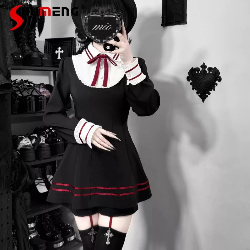 

Original Subculture Gothic Black Dress Set Spring Japanese Mine Women's Lolita Long-sleeved Top Shorts Cape 3-piece Set Outfit
