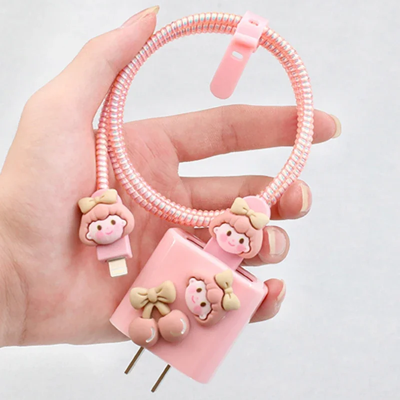 New Cable Protector For Iphone 15 14 13 12 18W/20W Charger Cute Pink Girl Design Protection Cover Data Line Winder Protective