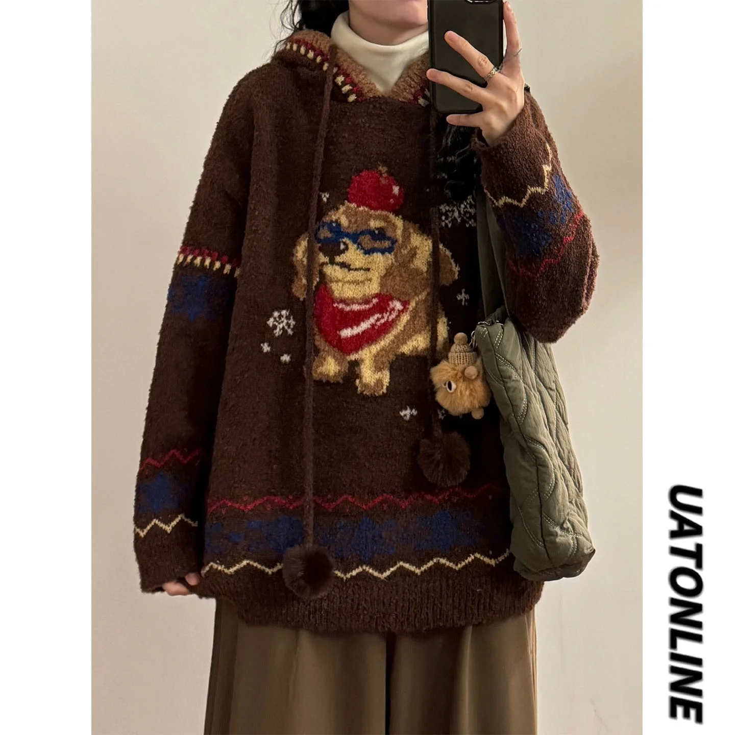 

UATONLINE Осенне-зимний женский свитер в американском ретро-стиле с вышивкой собаки, с капюшоном, свободного кроя, в уличном стиле