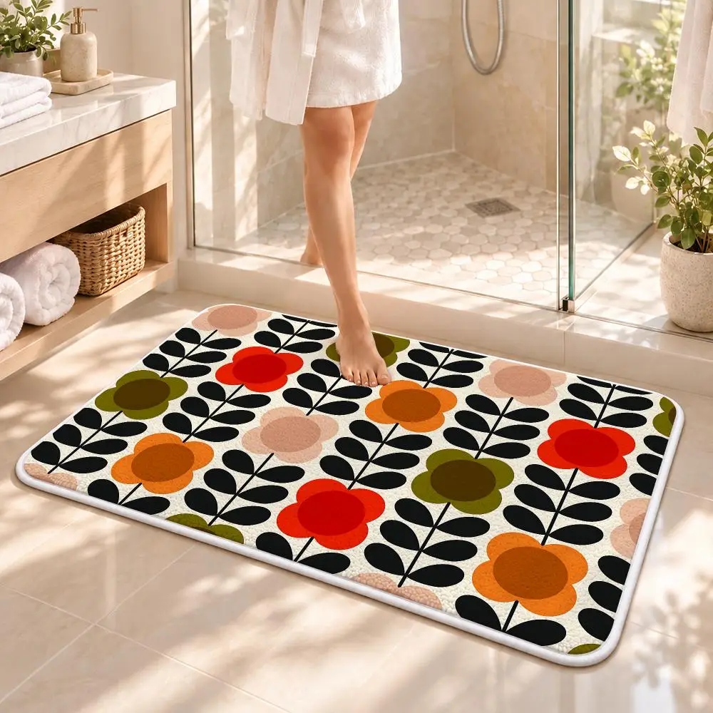 Flower O-Orla Kiely Floor Mat Flannel Rug Soft Non Slip Washable Door Mat for Bathroom Bedroom Kitchen Home Decor