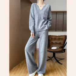 Women Wool V-neck Sweater Pullovers Casual Straight Pants Spring Autumn Winter Knitwear 100% Merino Wool Two-piece Suit Clothing