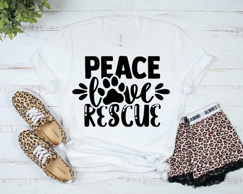 

Peace, Love, Rescue sayings quotes shirt print cat dog lover mugs pets mom Fashion 100%Cotton harajuku Streetwear Drop Shipping