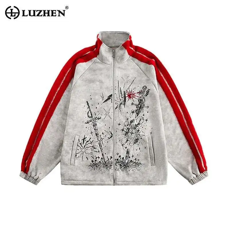 

LUZHEN 2025 New Color Contrast Sleeve Splicing Tie-dyed Wornout Casual Jacket Men Fashion Street Women's Stand Neck Coat LZ9331