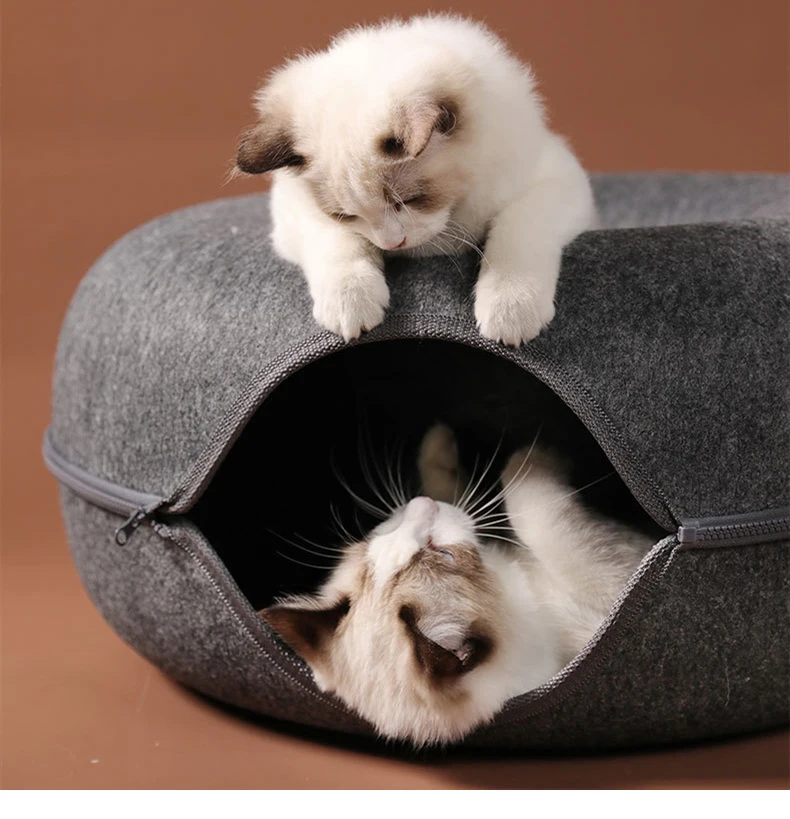 Donut Katze Tunnel Bett Haustiere Haus natürlichen Filz Haustier Katze Höhle interaktives Spielzeug Runde Wolle Filz Haustier Bett Katze Training Spielzeug Katzen haus – Detail 8