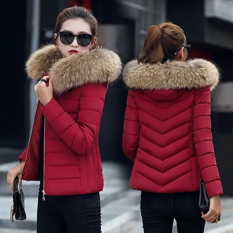 2024 New Winter Women Parka Coats Cotton Casual Fur Hooded Jackets Thick Warm Slim-fit Jacket Female Overcoat Clothing