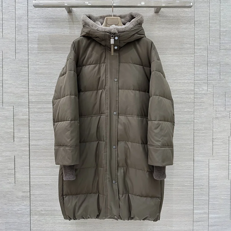 หมวกหนังขนสัตว์เย็บติดซับในไนลอนคุณภาพสูงสำหรับผู้หญิง เสื้อแจ็คเก็ตขนเป็ดความยาวปานกลาง เสื้อผ้าฤดูหนาว 25100425