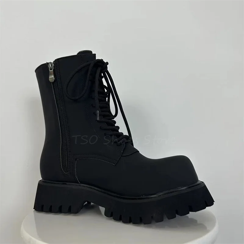 Big Toe Black Boots 2023 New Unisex British Round Toe Short Boots Thick Soled Zipper Lace Up Chelsea Boots Mid Booties Shoes