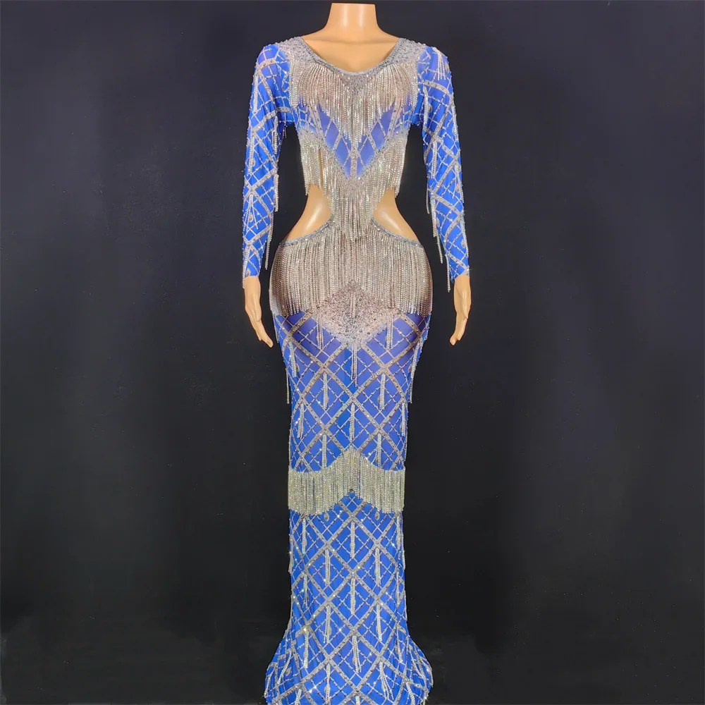 

2025 Party Prom Clothing Sexy Blue Plaid Tassel Long Dress Singer Stage Show Dress Gogo Dance Costume Female Nightclub Clothes