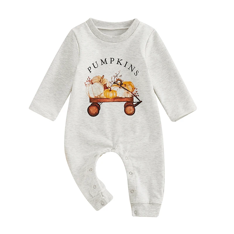 

Baby Fall Jumpsuit Long Sleeve Round Neck Pumpkin Letter Print Romper Ribbed Hem Newborn Outfit