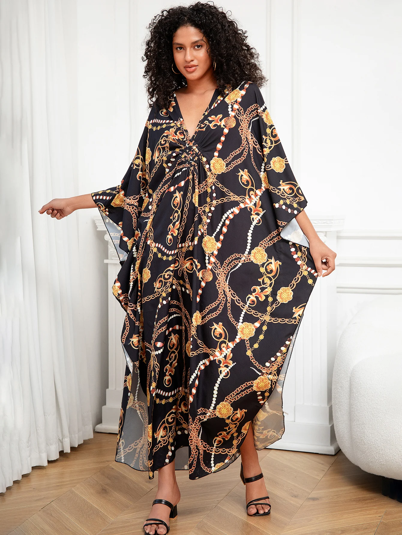 Women Beach Cover Ups Printed Kaftans Handmade Waved Summer Holiday Beachwear Bathing Suits Maxi Dresses