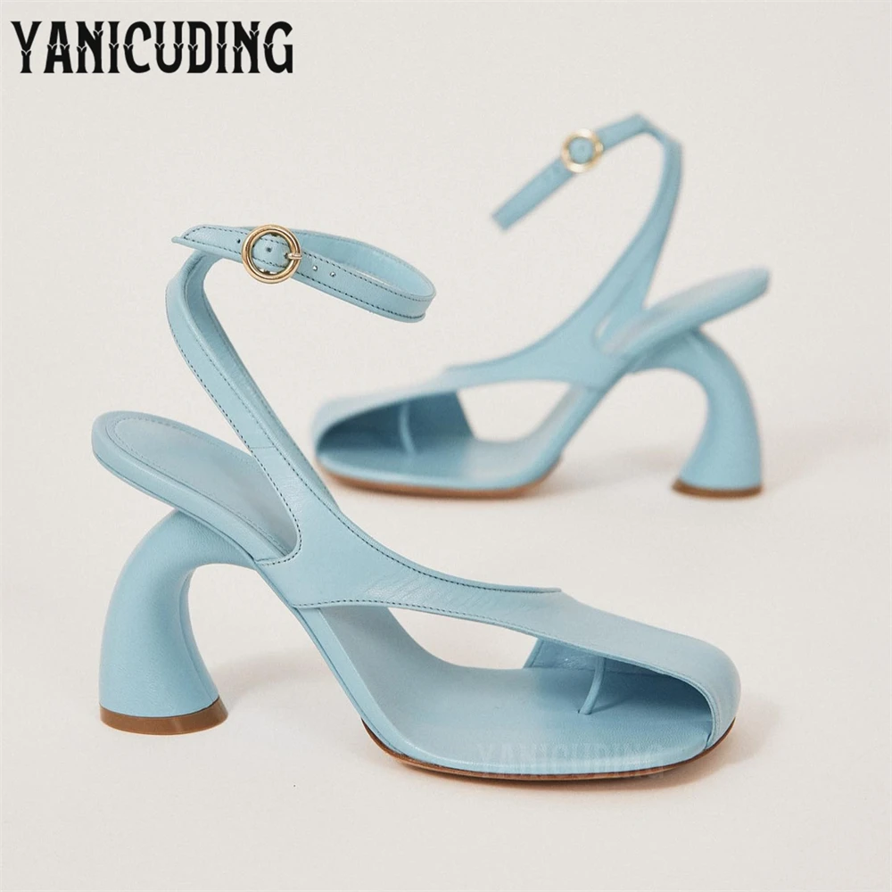 

Asymmetric Square Toe Sandals Novelty Strange Heel Summer High Heels Ankle Strap Multicolor Designer Fashion Style Women Sandals