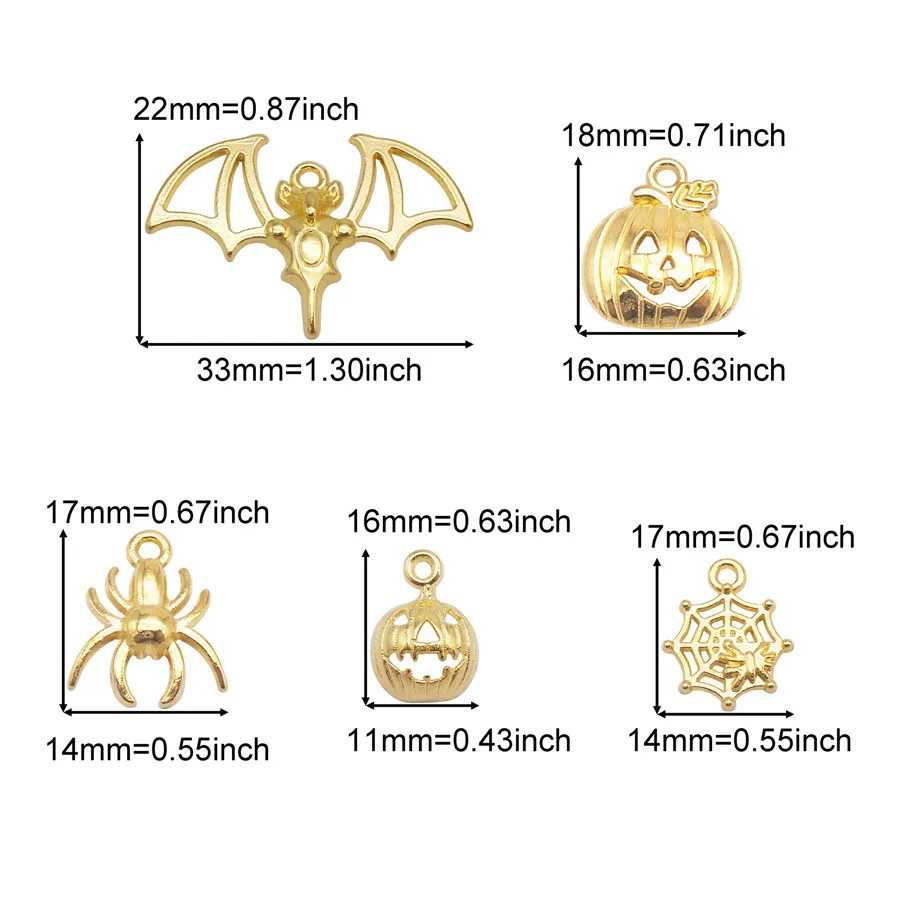 20PCS Gold Color Halloween Charms Alloy Bat Spider Cobweb Pumpkin Pendant Earrings Necklace Bracelet Jewelry Accessory