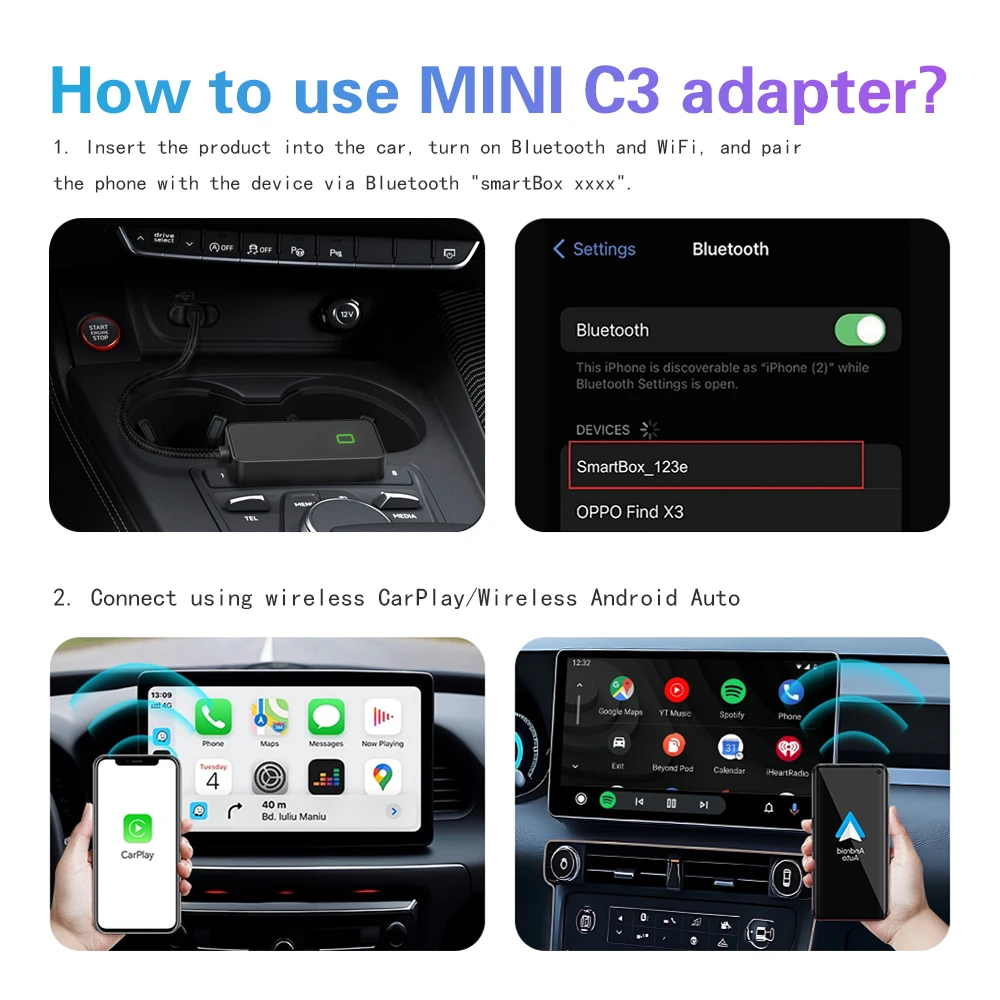 Mini C3 Wireless CarPlay Android Auto Adapter 2 in 1 Compatible with Original Wired CarPlay And Android Auto Vehicles