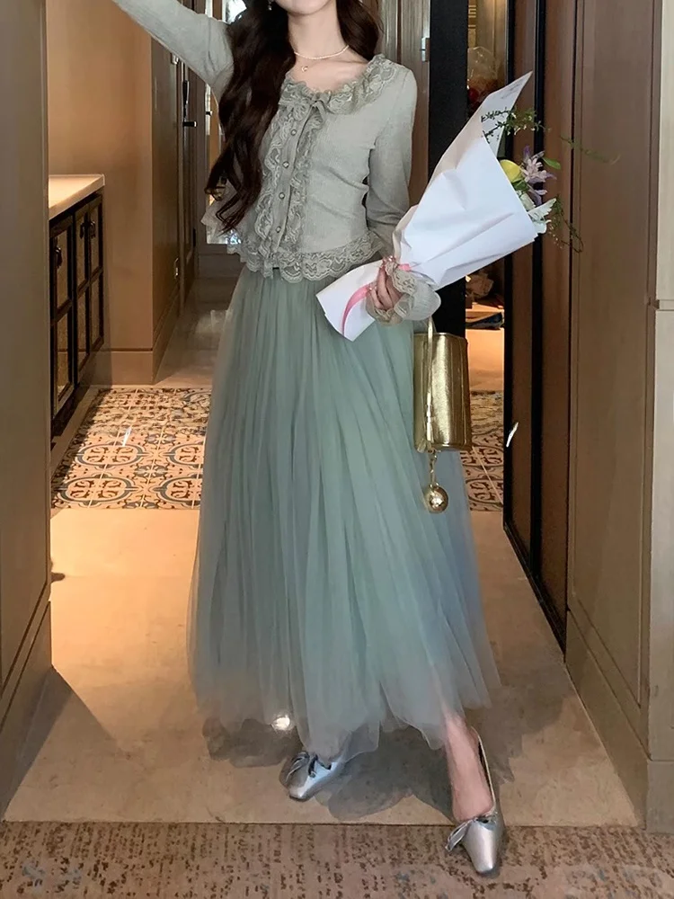 Primavera 2025 renda guarnição fino ajuste superior e me saia conjunto de duas peças vento suave nova chegada longo sve fibra poliéster faion conjunto