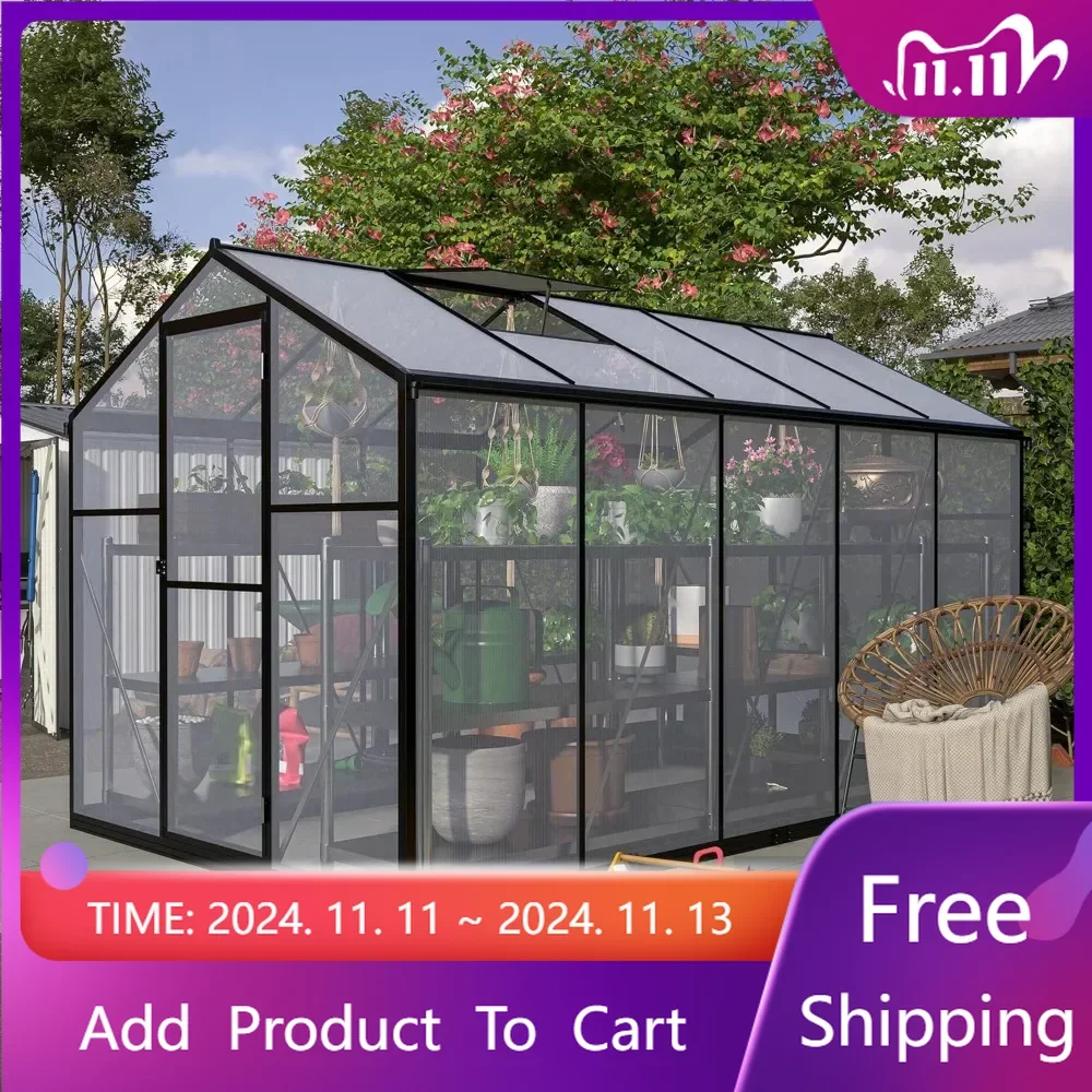 

6x10 FT Greenhouse, Large Walk-in Polycarbonate Greenhouse Kit - Aluminum Frame with Lockable Door and 2 Adjustable Roof Vent