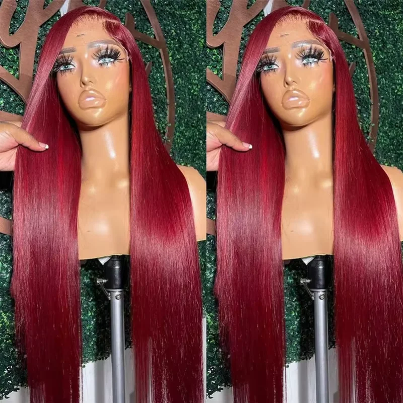 250% Density 34 Inch Bone Straight 99J Burgundy Color Lace Front Wigs 13x4 HD Transparent Lace Brazilian Pre Plucked With Baby Hair