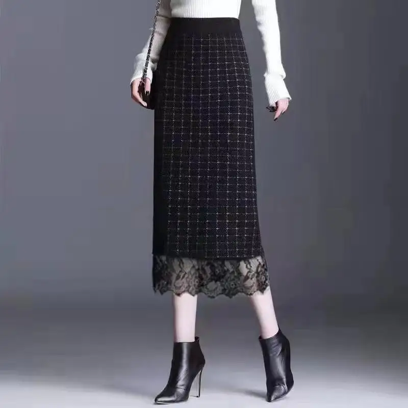 Autumn Winter Imitation Mink Velvet Plaid Skirt Crystal Button Hem Lace Spliced Medium Length Hip Wrap Skirt Knitted Split Women